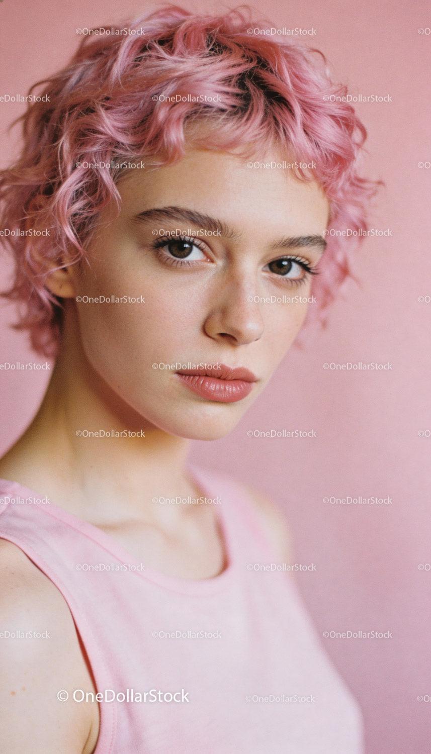 Young woman with short curly pink hair and soft gaze