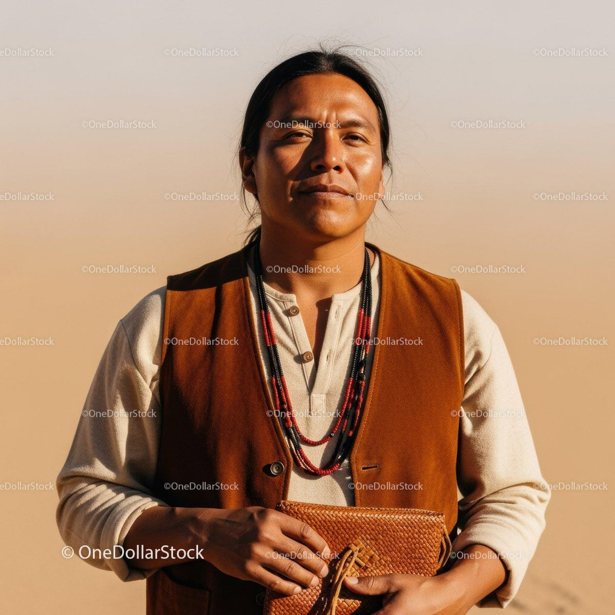 Portrait of Indigenous Woman Wearing Traditional Clothing in Desert Landscape