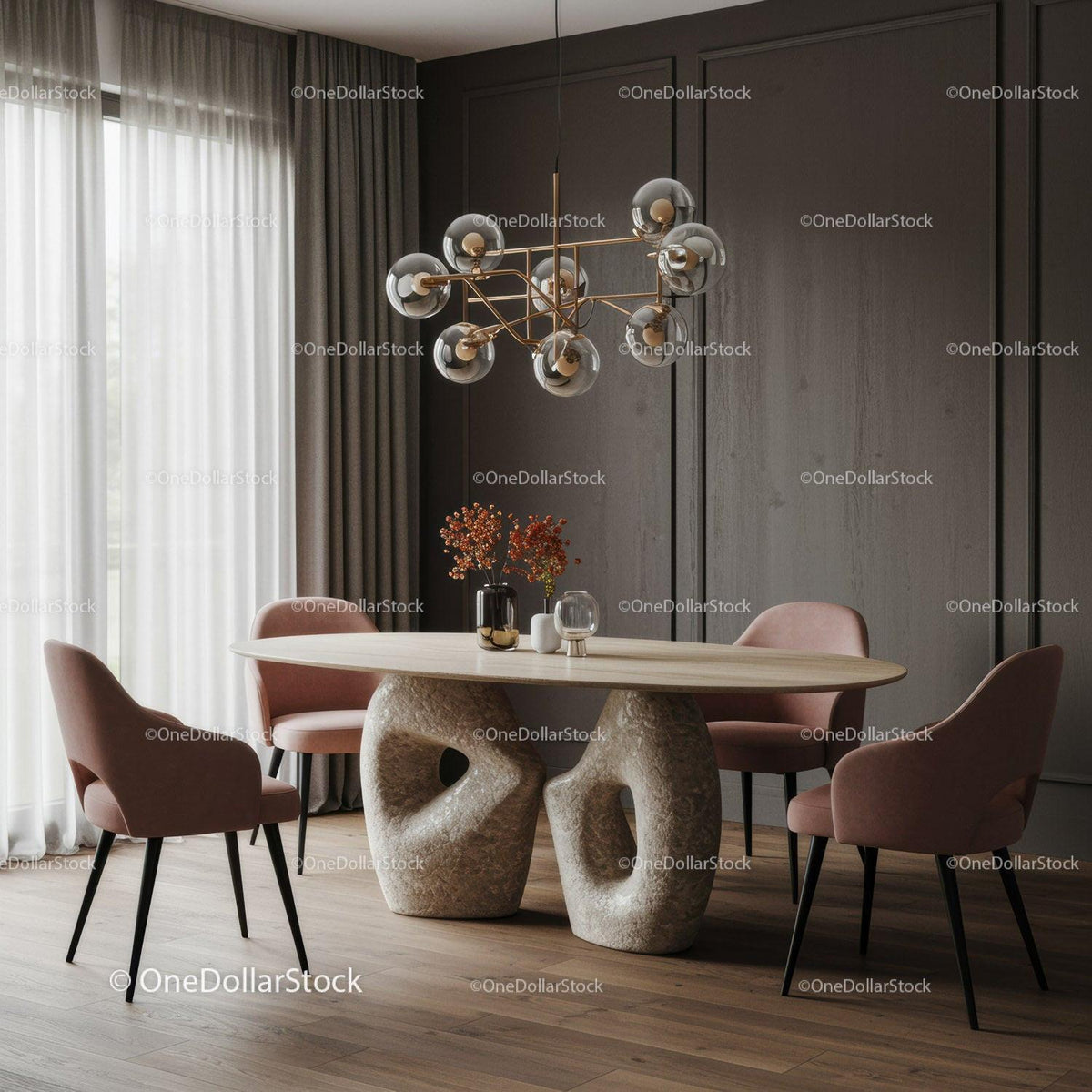 Modern Dining Room with Chic Pink Armchairs and Elegant Chandelier