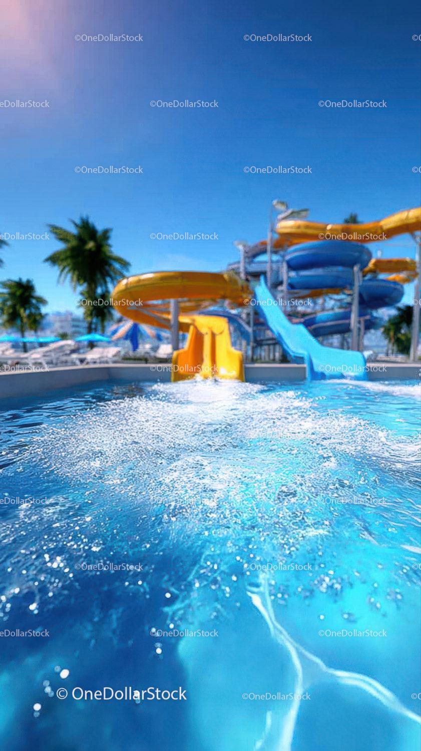 Colorful Water Slides at Outdoor Water Park on Sunny Day