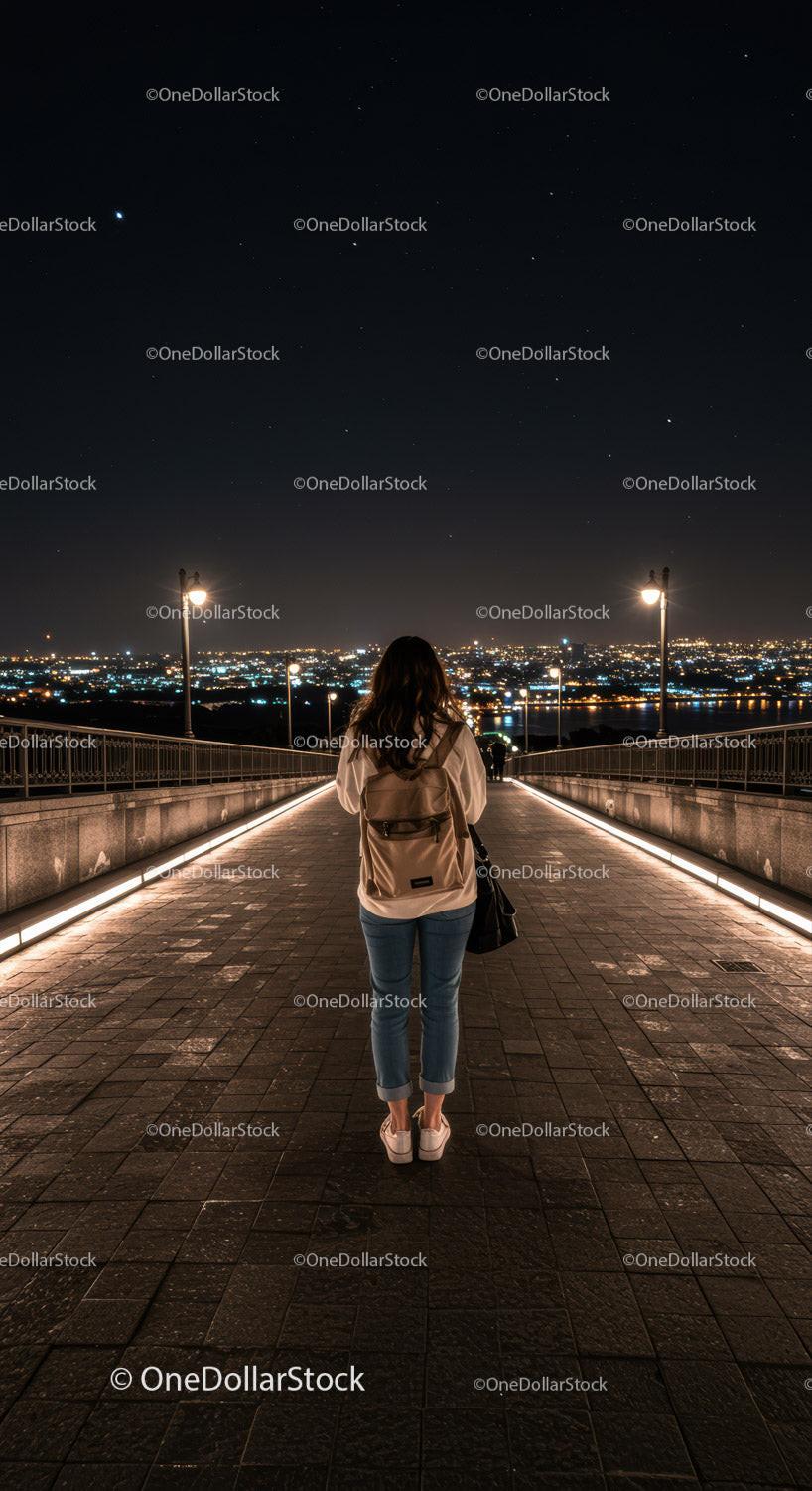 Woman standing on illuminated bridge overlooking city lights