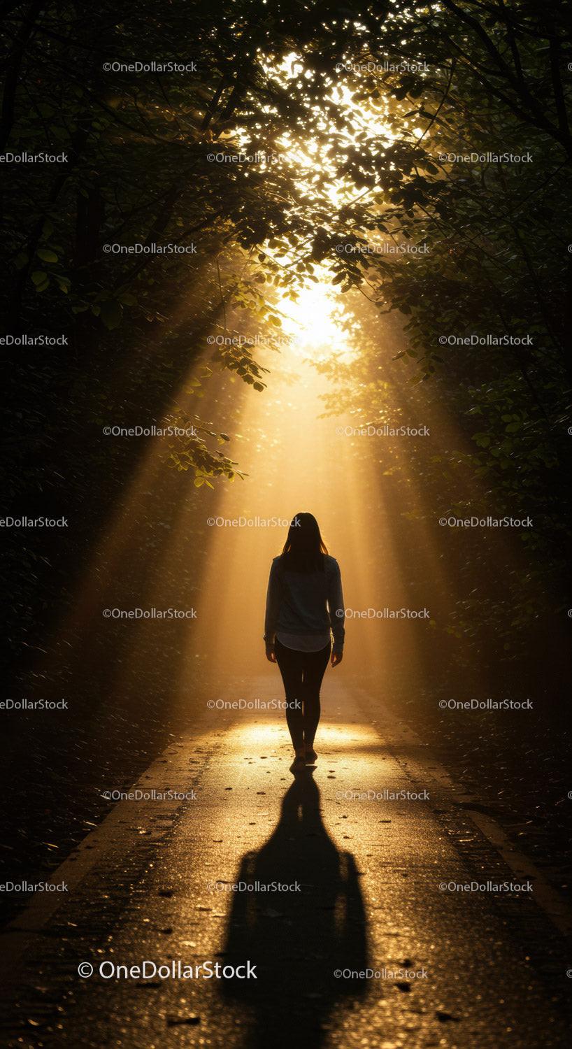 Solitary woman walking through sunlit forest path