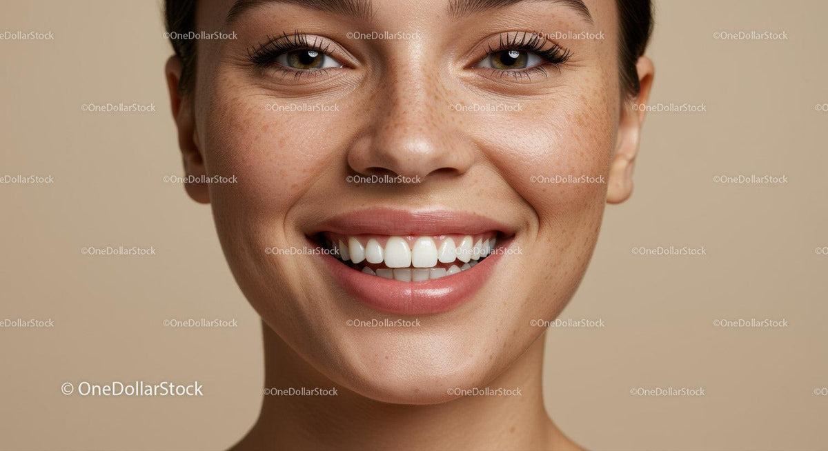 Close up of smiling woman with natural freckles
