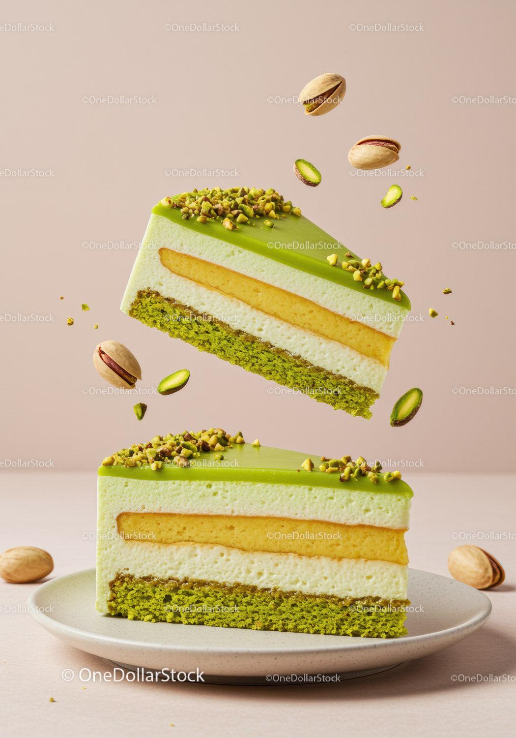 Pistachio Layer Cake Slice with Nuts on Plate