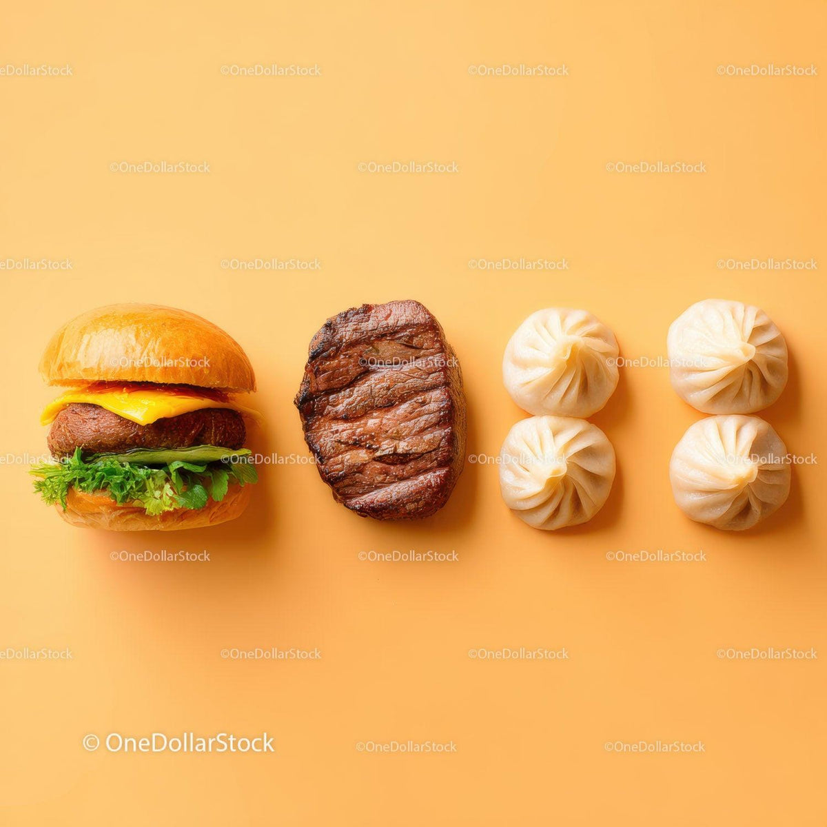 Gourmet Burger with Lettuce and Tomato Next to Grilled Steak and Dumpling Stock Photo Bundle preview 34