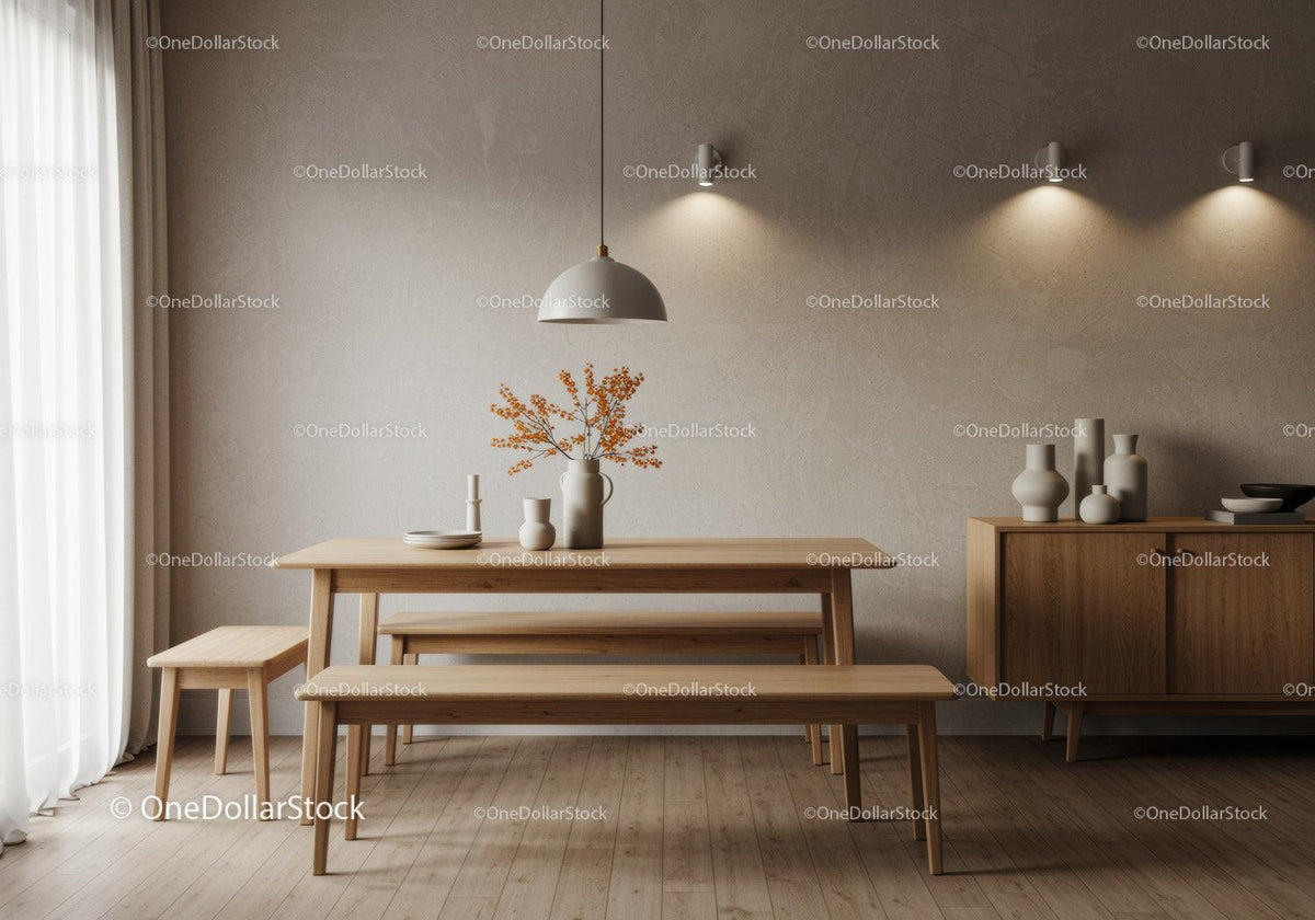Minimalist dining room with wooden benches and decor