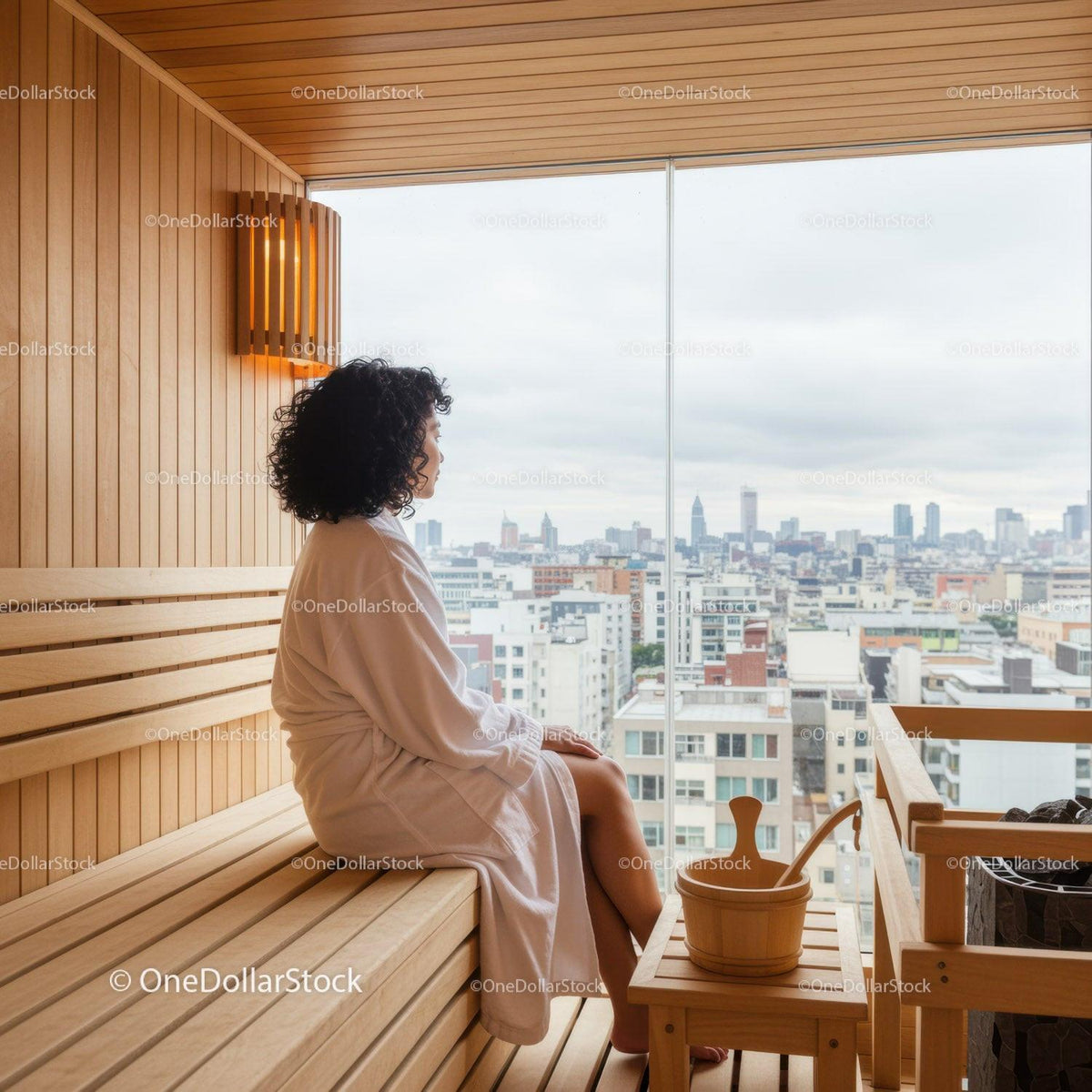 Woman Relaxing in Sauna with City Skyline View
