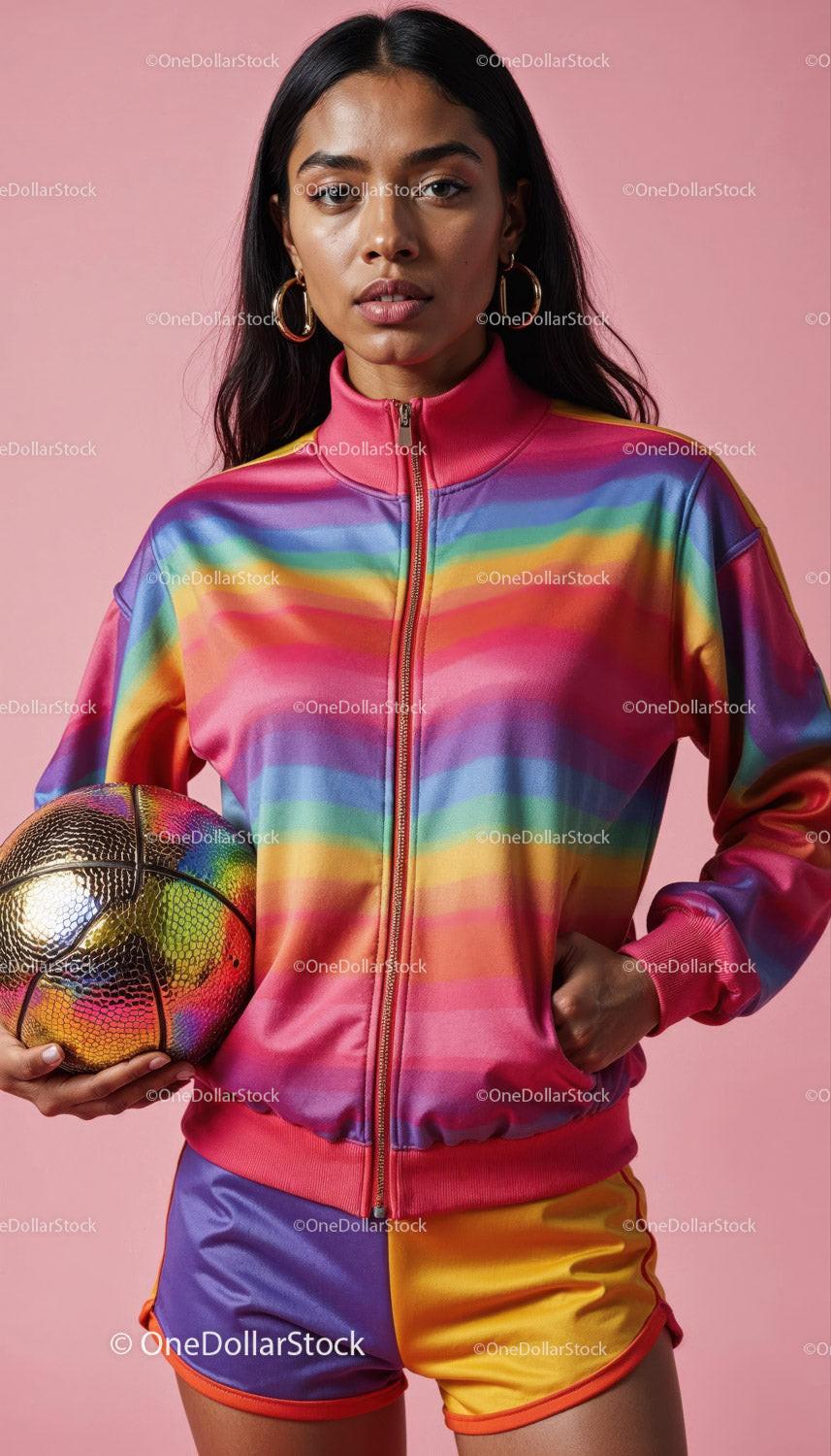 Fashionable Woman in Rainbow Sportswear Holding Soccer Ball