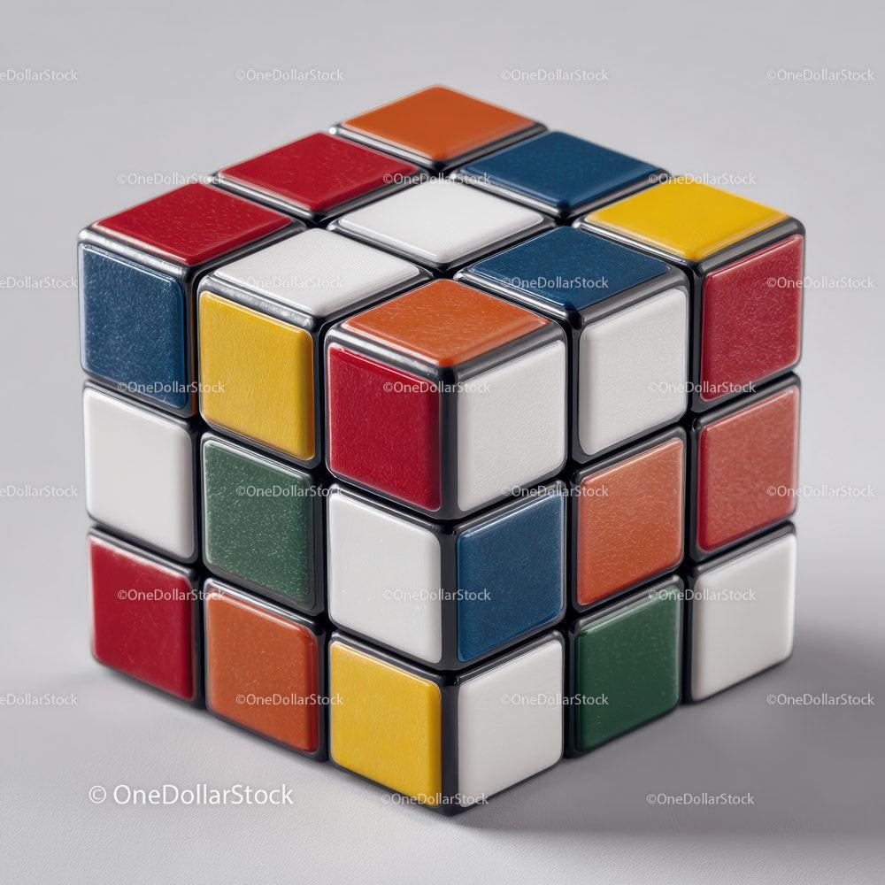 Partially solved colorful puzzle cube with red, blue, orange, yellow, green, and white square tiles on gray surface