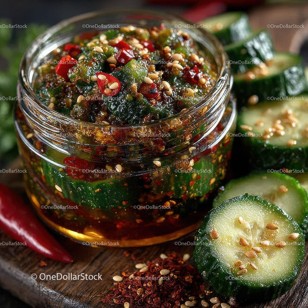 Vibrant Spicy Cucumber Kimchi in Glass Jar with Fresh Vegetables Stock Photo Bundle preview 22