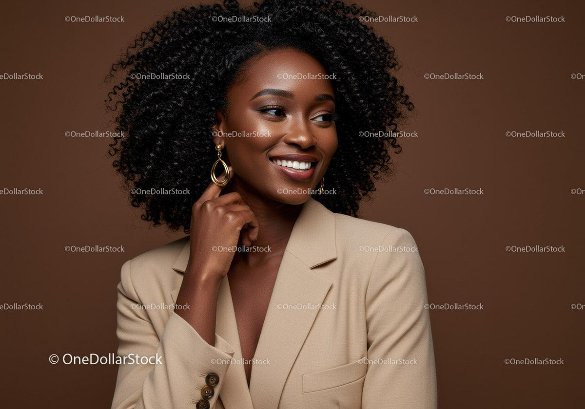 Elegant African American Woman with Curly Hair in Fashion Studio Portrait