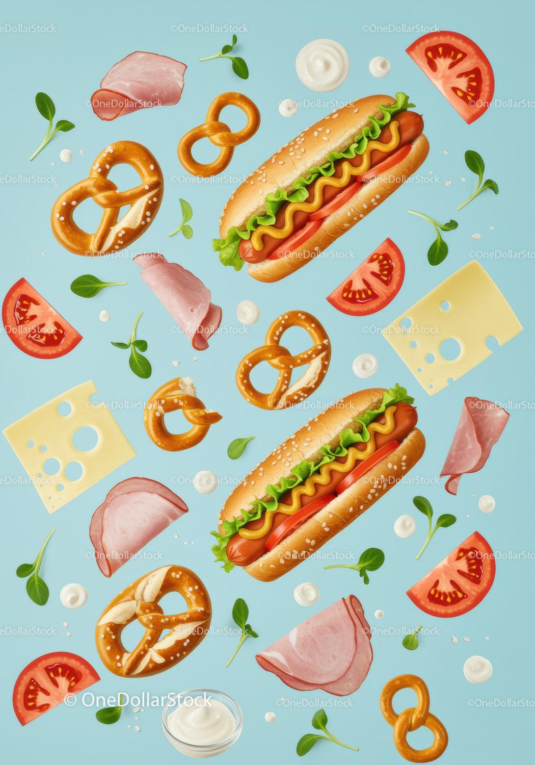 Fresh hot dogs with pretzels and fresh ingredients on blue