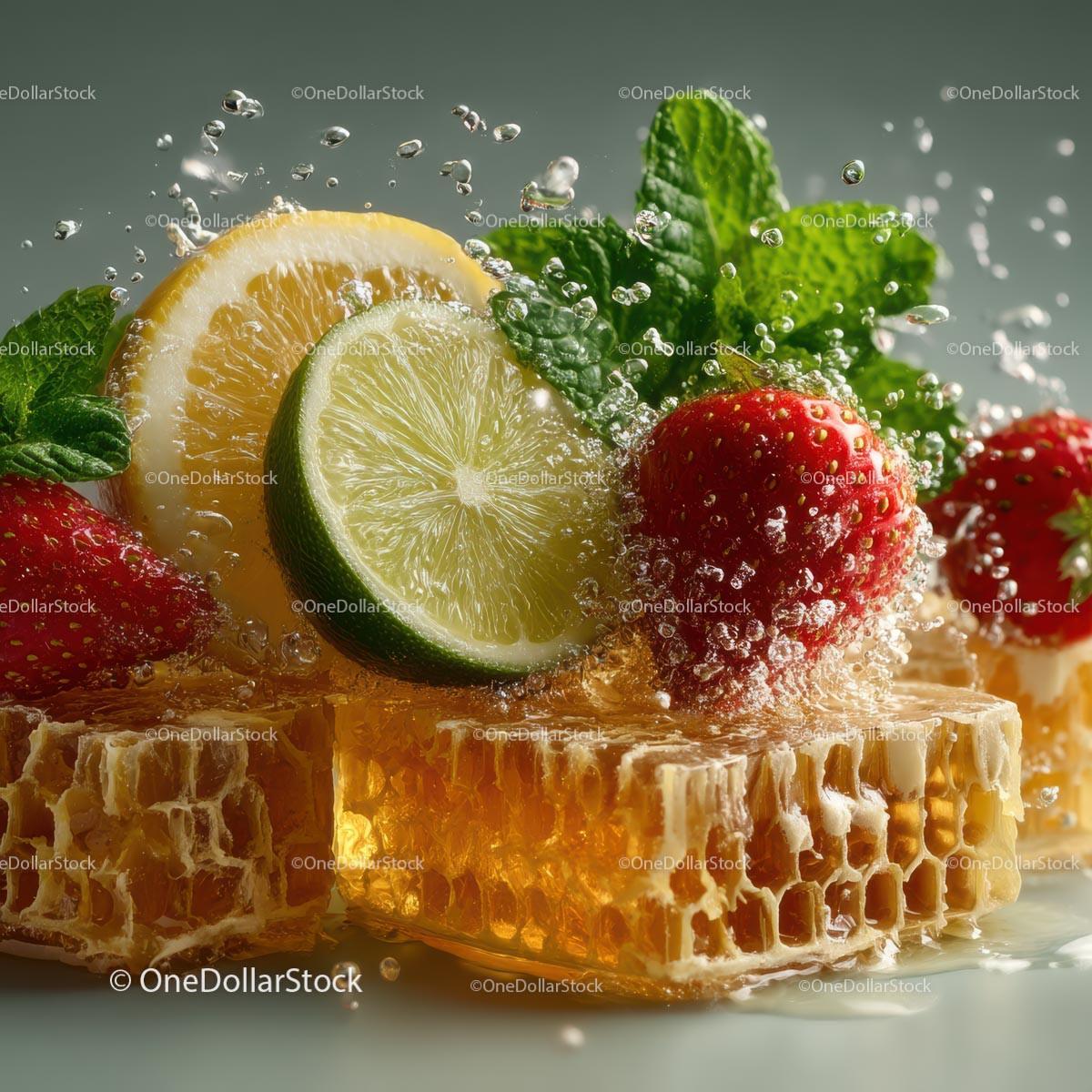 Fresh Honeycomb with Strawberries and Lime Garnish Stock Photo Bundle preview 28