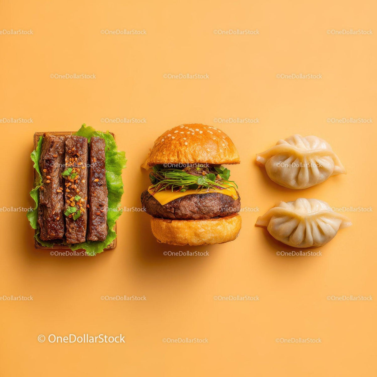 Gourmet Burger with Lettuce and Tomato Next to Grilled Steak and Dumpling Stock Photo Bundle creative preview 4