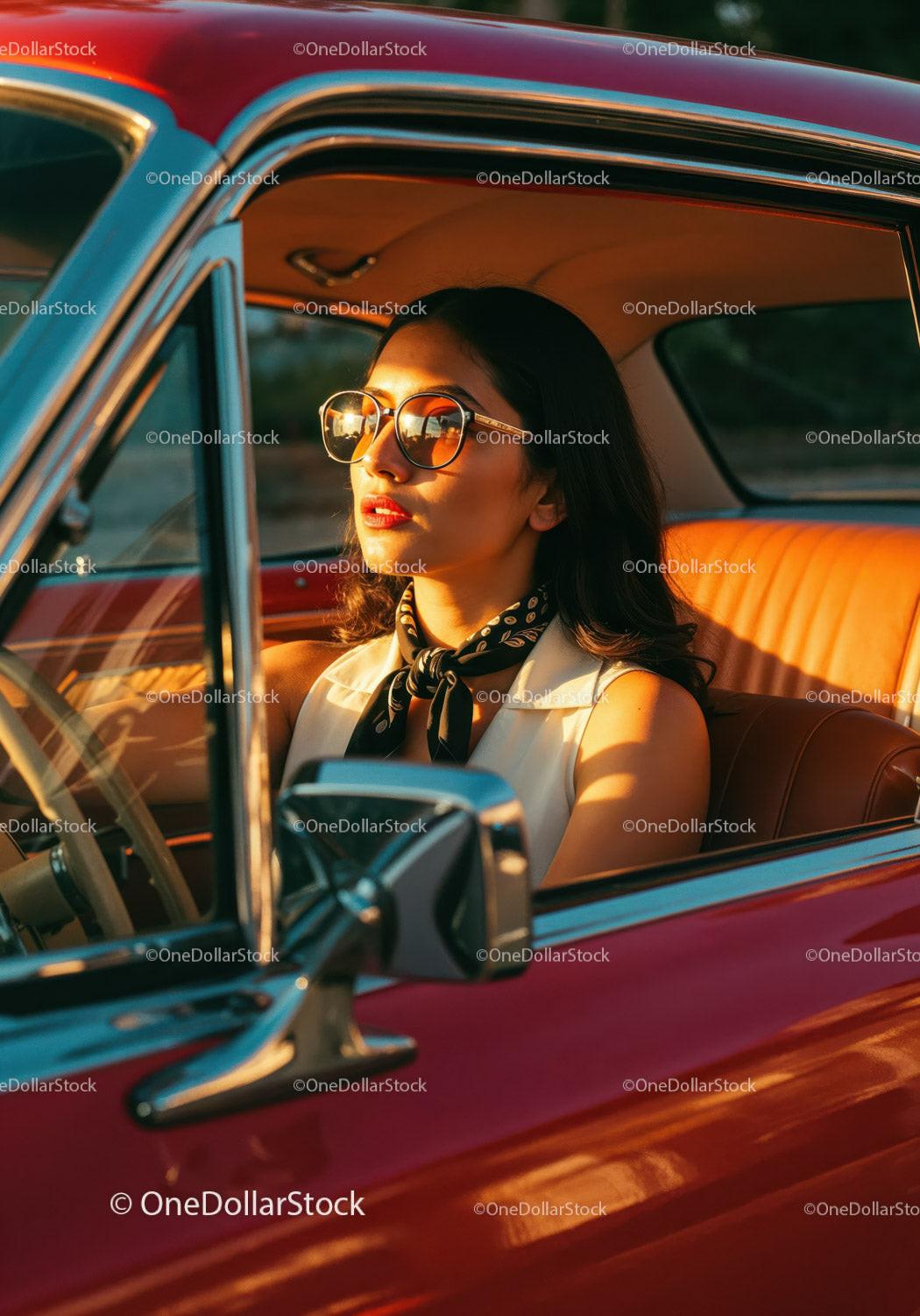 Stylish Woman in Sunglasses Driving Vintage Car During Sunset