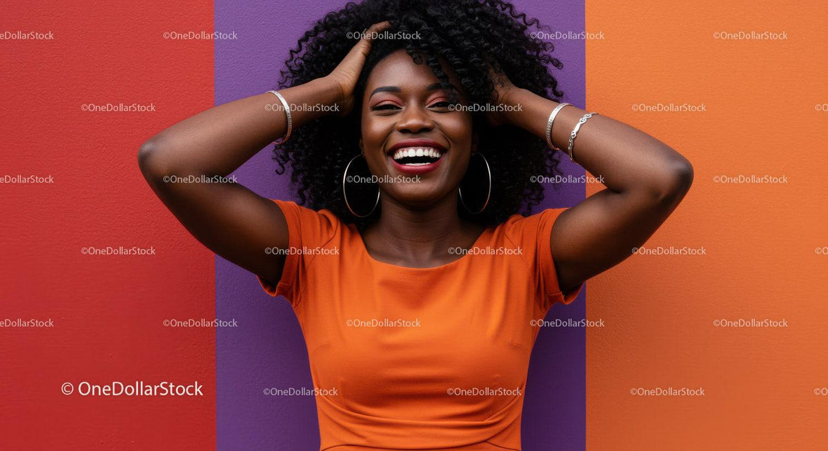 Vibrant Portrait of Smiling Black Woman with Curly Hair Against Colorful Background