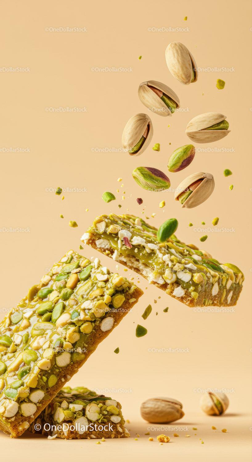 Pistachio Nut Energy Bars Breaking Apart with Kernels