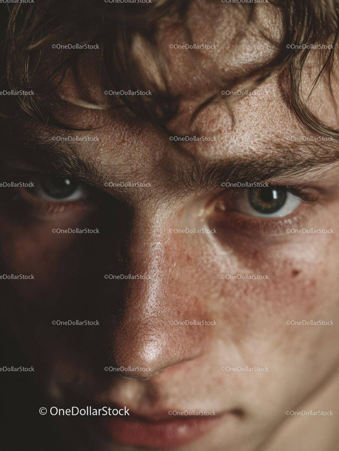 Close Up of Male Face with Intense Gaze and Detailed Skin Texture