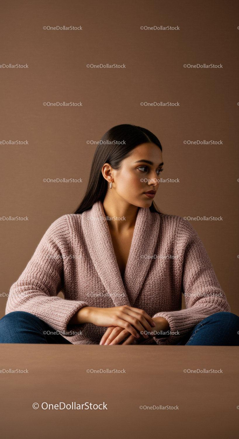 Elegant Woman in Pink Knit Sweater with Dark Hair Sitting Indoors