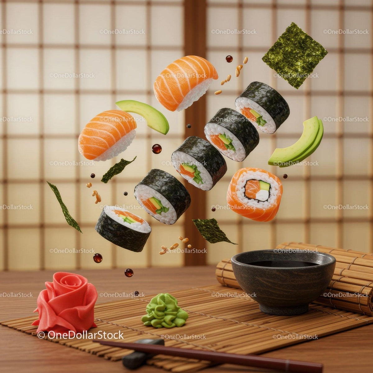 Floating sushi rolls with fresh avocado and sauce