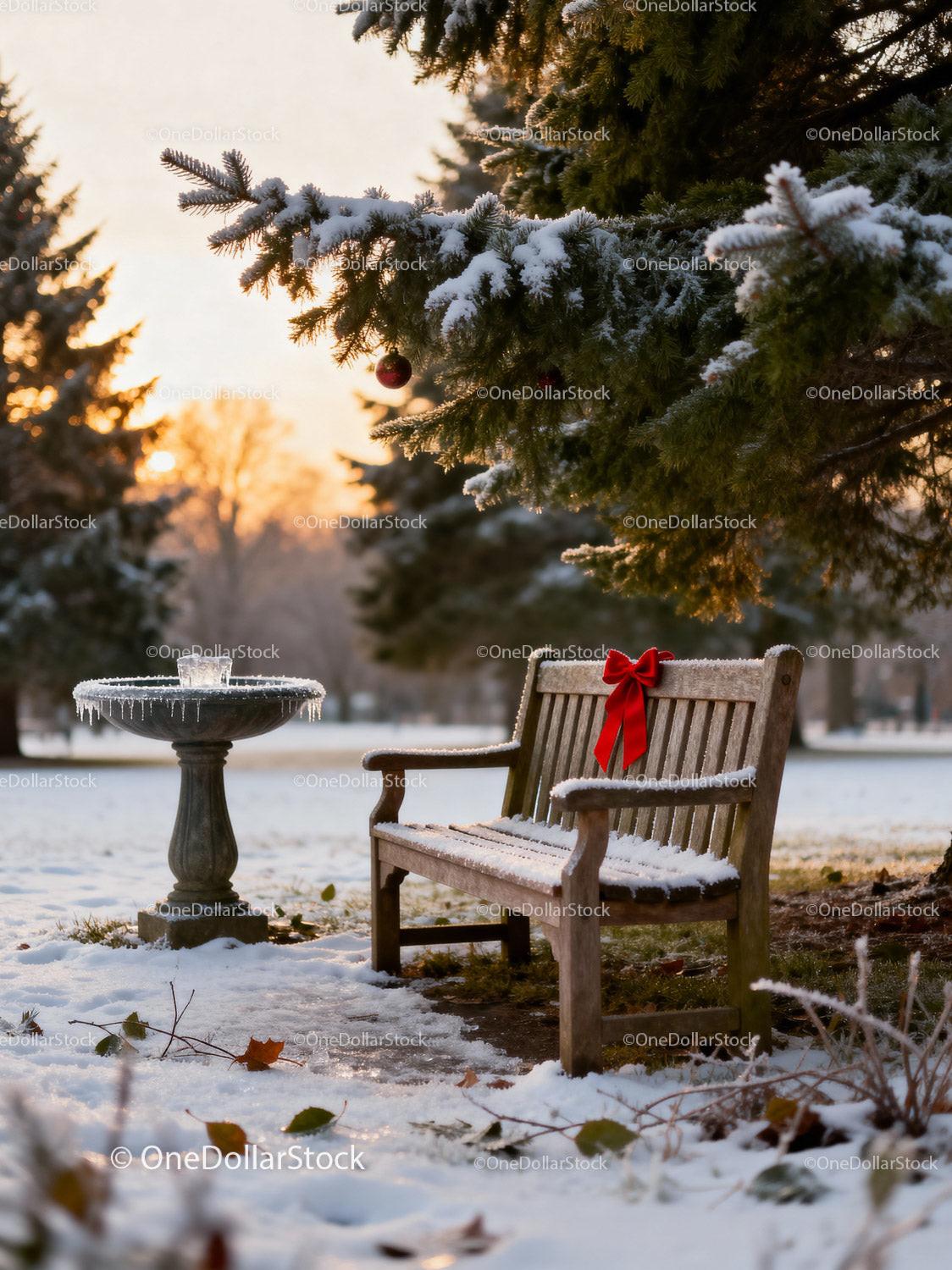 Frosty Winter Bench with Red Bow at Sunset