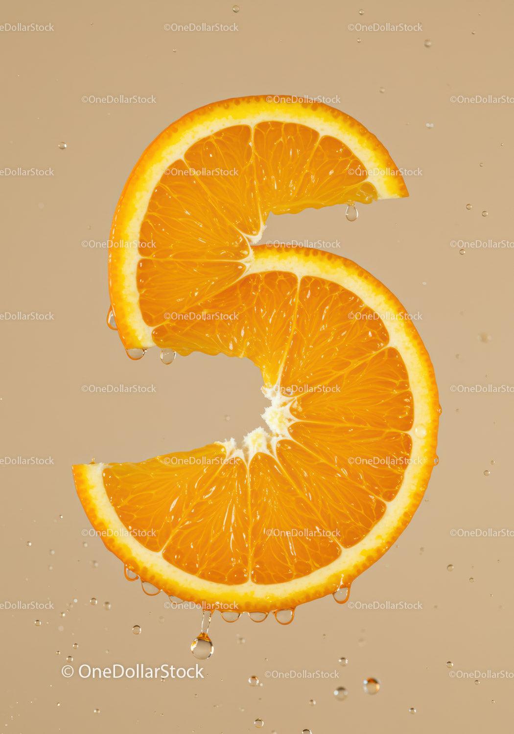 Fresh orange slice shaped as number five with water drops