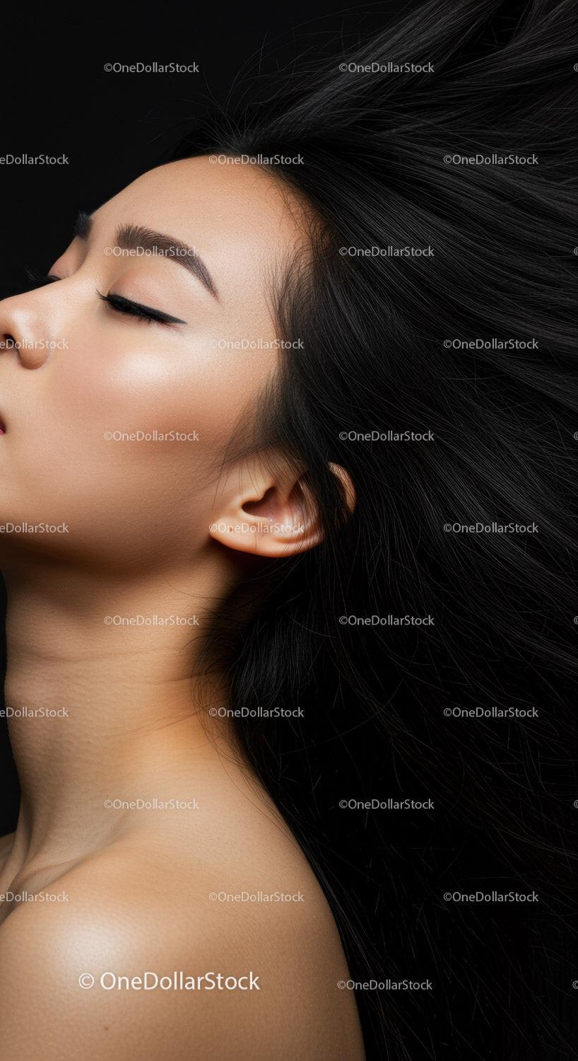 Calm woman with closed eyes and flowing black hair