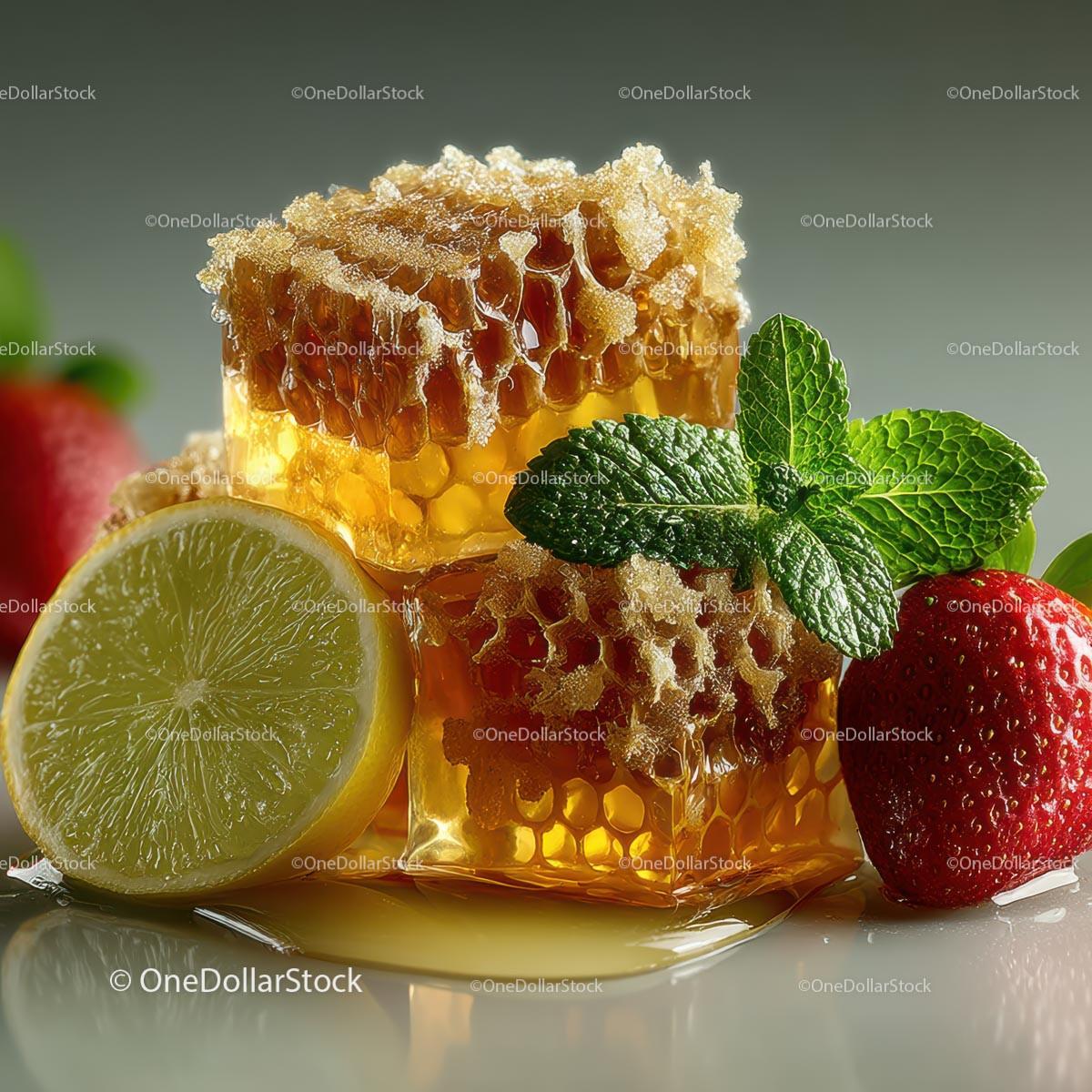 Fresh Honeycomb with Strawberries and Lime Garnish Stock Photo Bundle preview 16