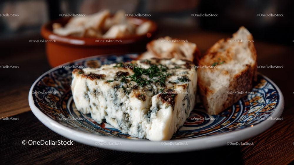 Blue Cheese and Rustic Bread on Decorative Plate in Food Setting Stock Photo Bundle preview