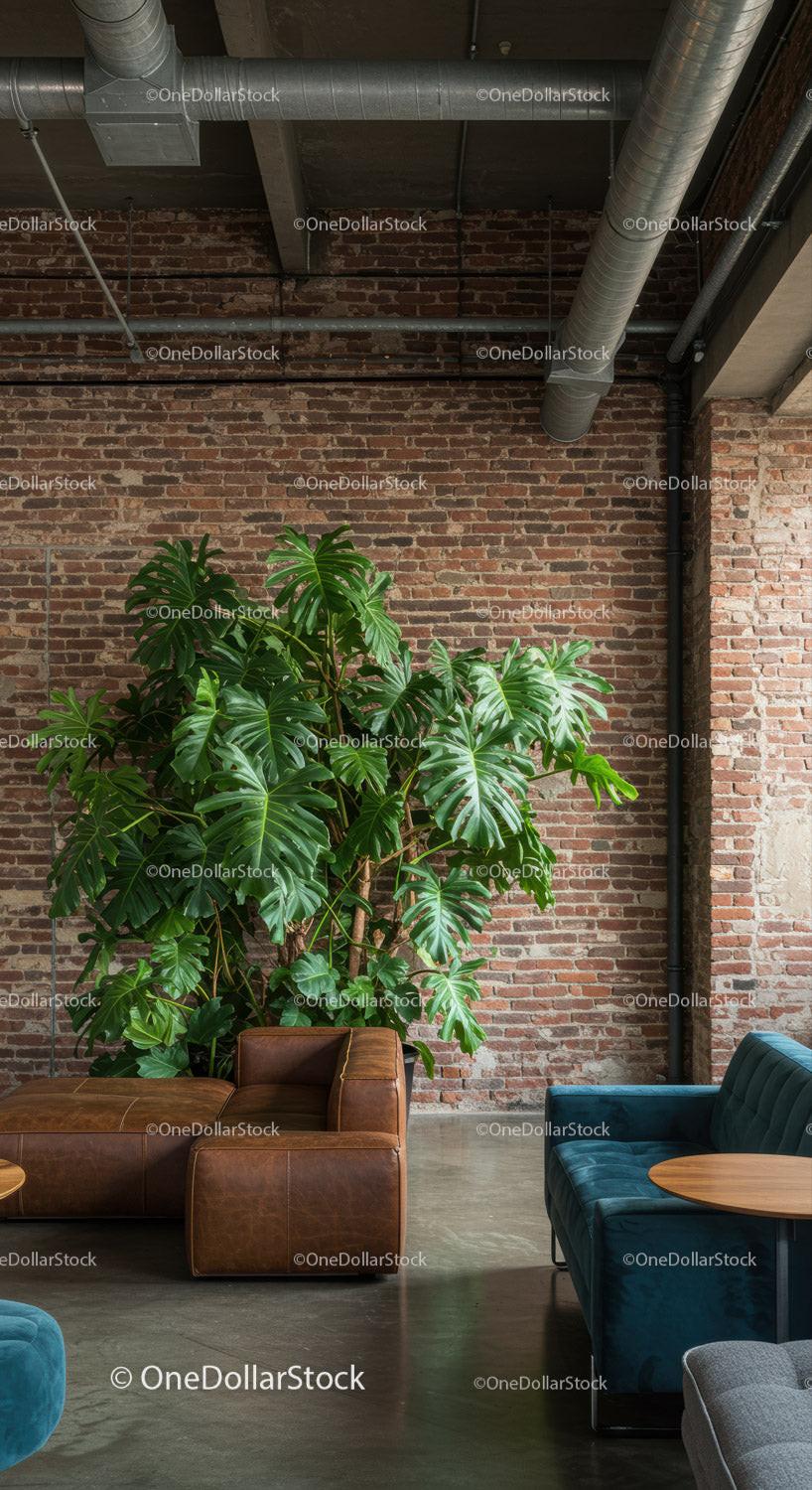 Modern Urban Interior with Green Monstera and Leather Sofa