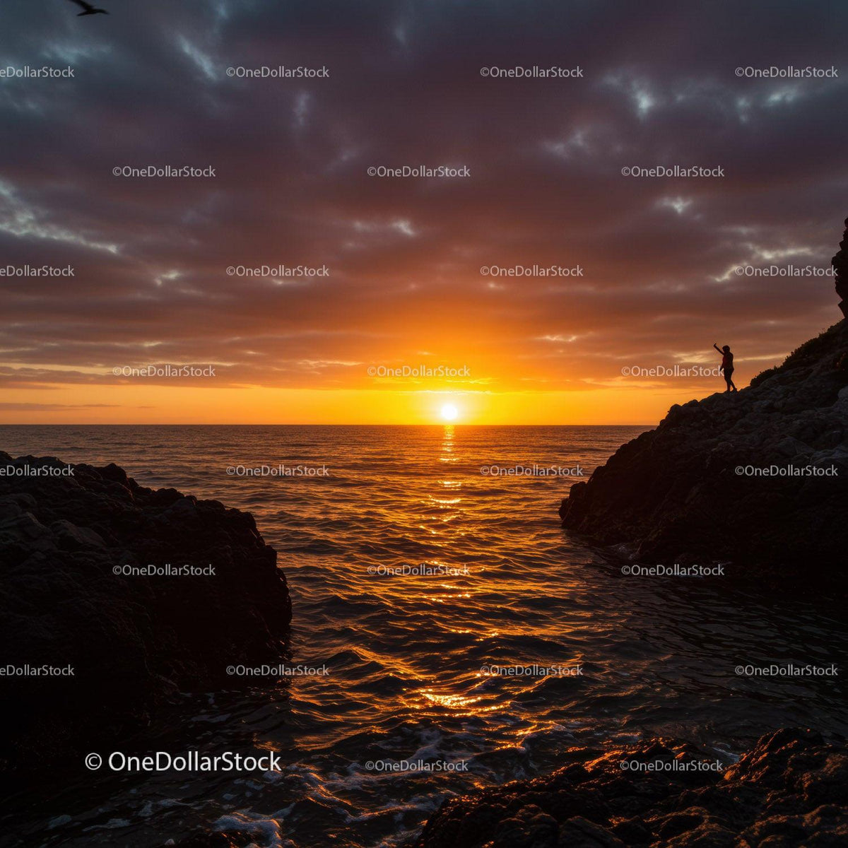 Breathtaking Sunset Over Rocky Coast with Silhouette and Ocean Waves