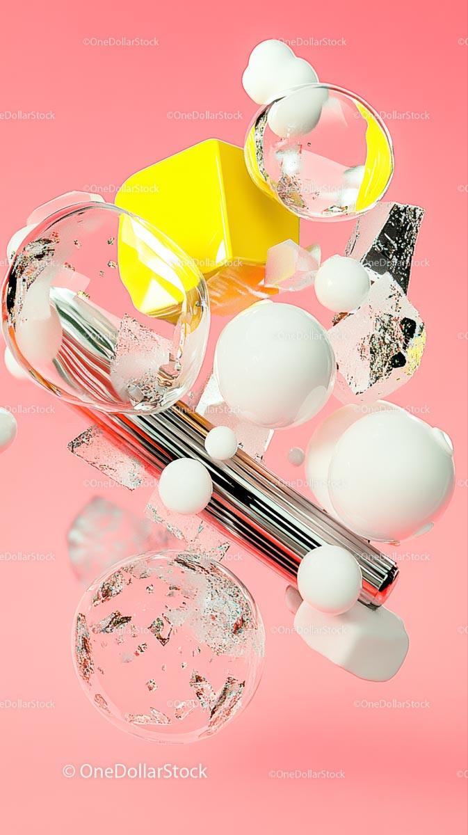 Abstract Geometric Composition with Glass Spheres and Colorful Shapes