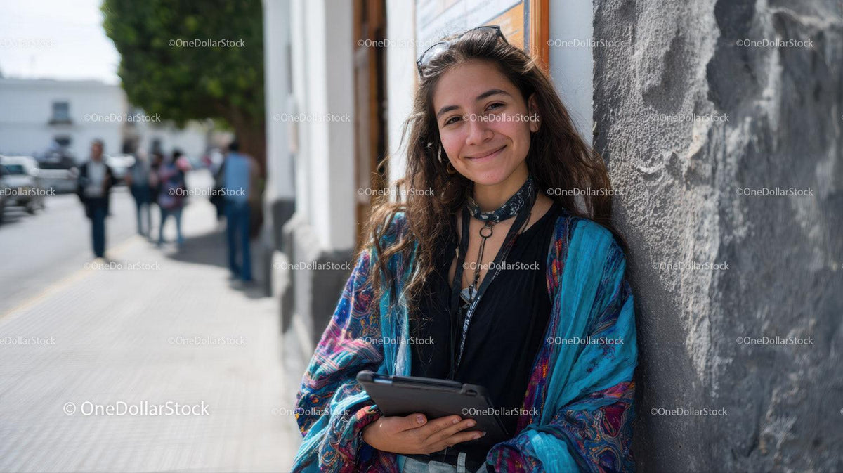 Young Woman Smiling in Casual Outfit Leaning Against Wall