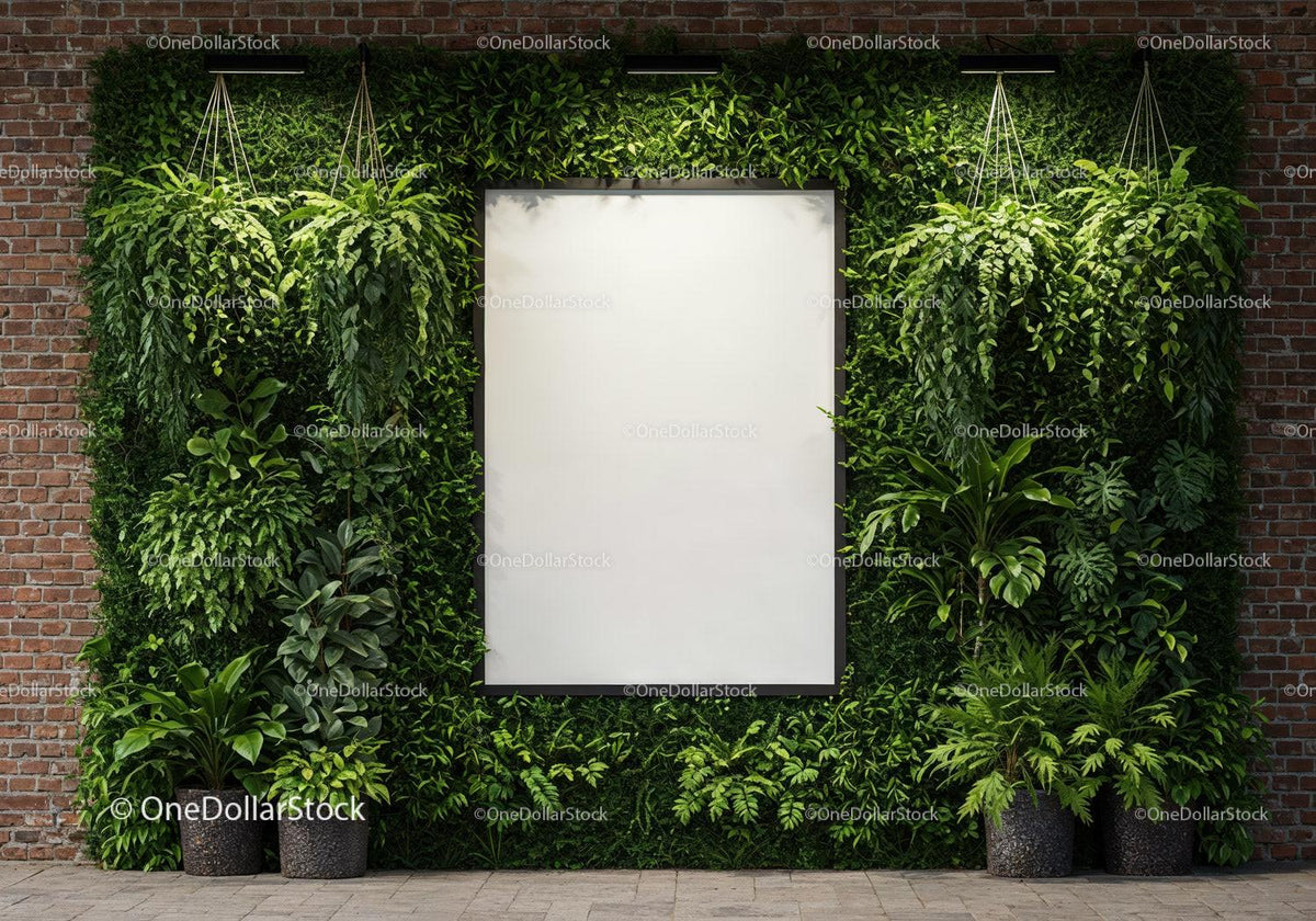 Modern Urban Green Wall with Blank Display Frame JPG Mockup Image preview