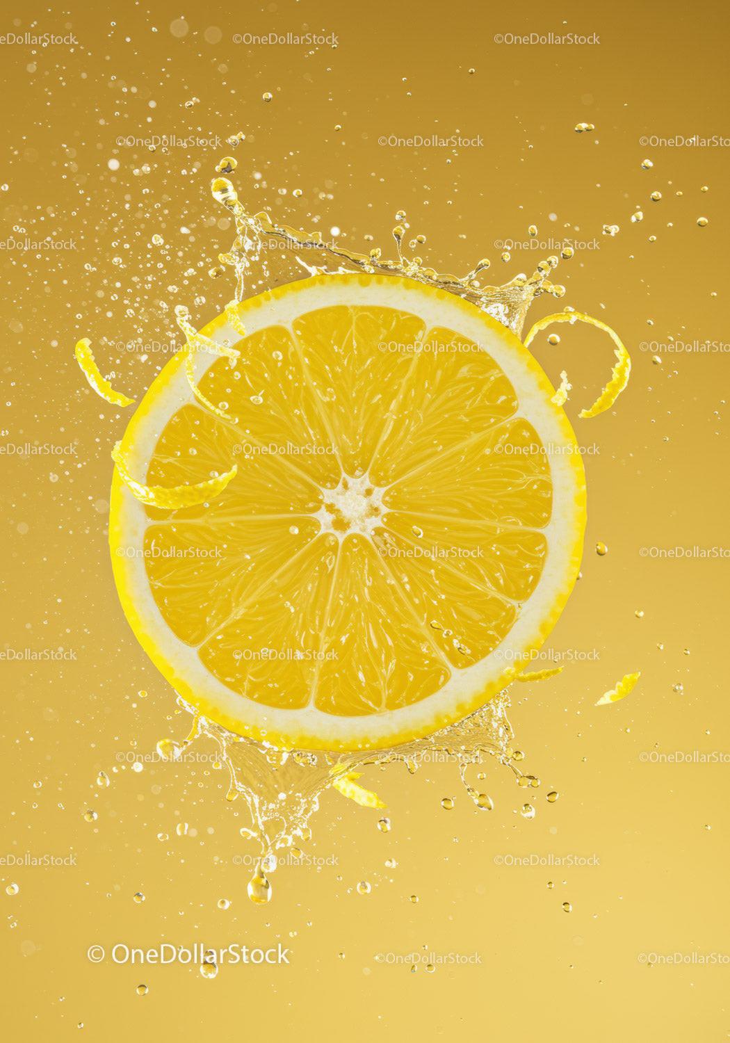 Fresh lemon slice splashing vibrant juice droplets