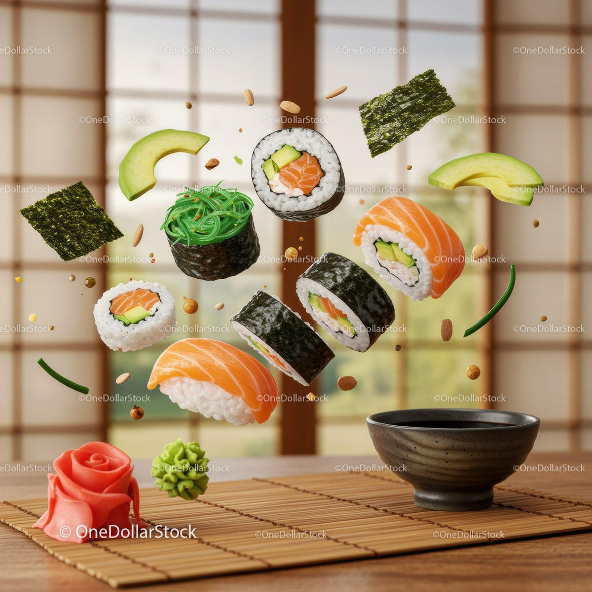 Floating fresh sushi and ingredients over bamboo mat