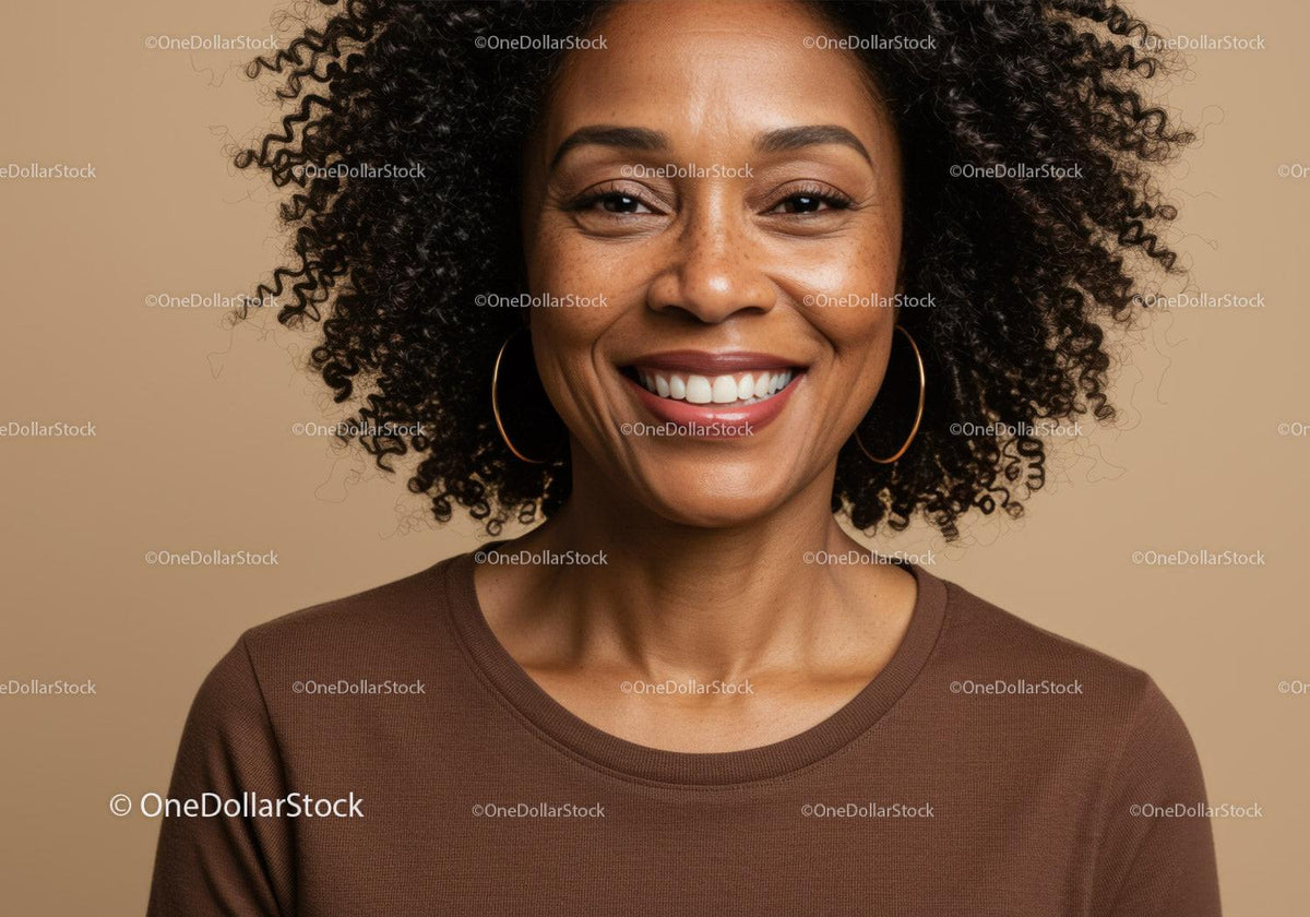 Portrait of a Smiling Black Woman with Curly Hair Over Wooden Background