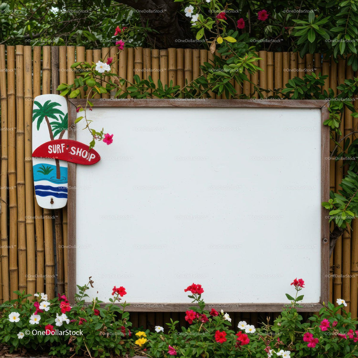 Tropical surf shop blank signboard with vibrant flowers JPG Mockup Image preview