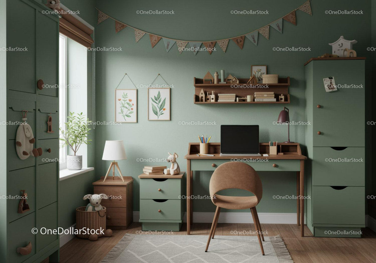 Green and Wooden Cozy Home Office with Study Desk and Plant