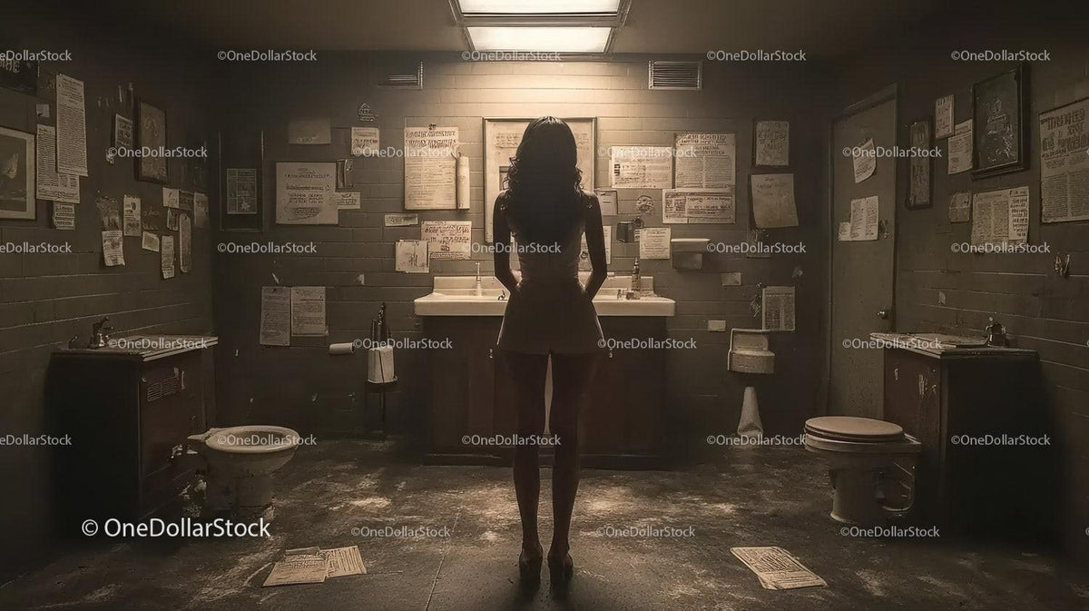 Silhouette of woman facing wall covered with papers in dimly lit room with two sinks