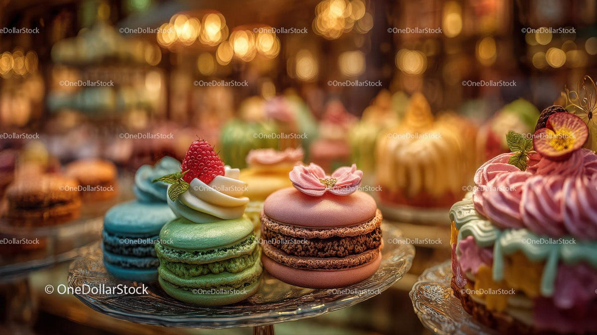 Colorful Assorted Macarons and Pastries in Elegant Bakery Display