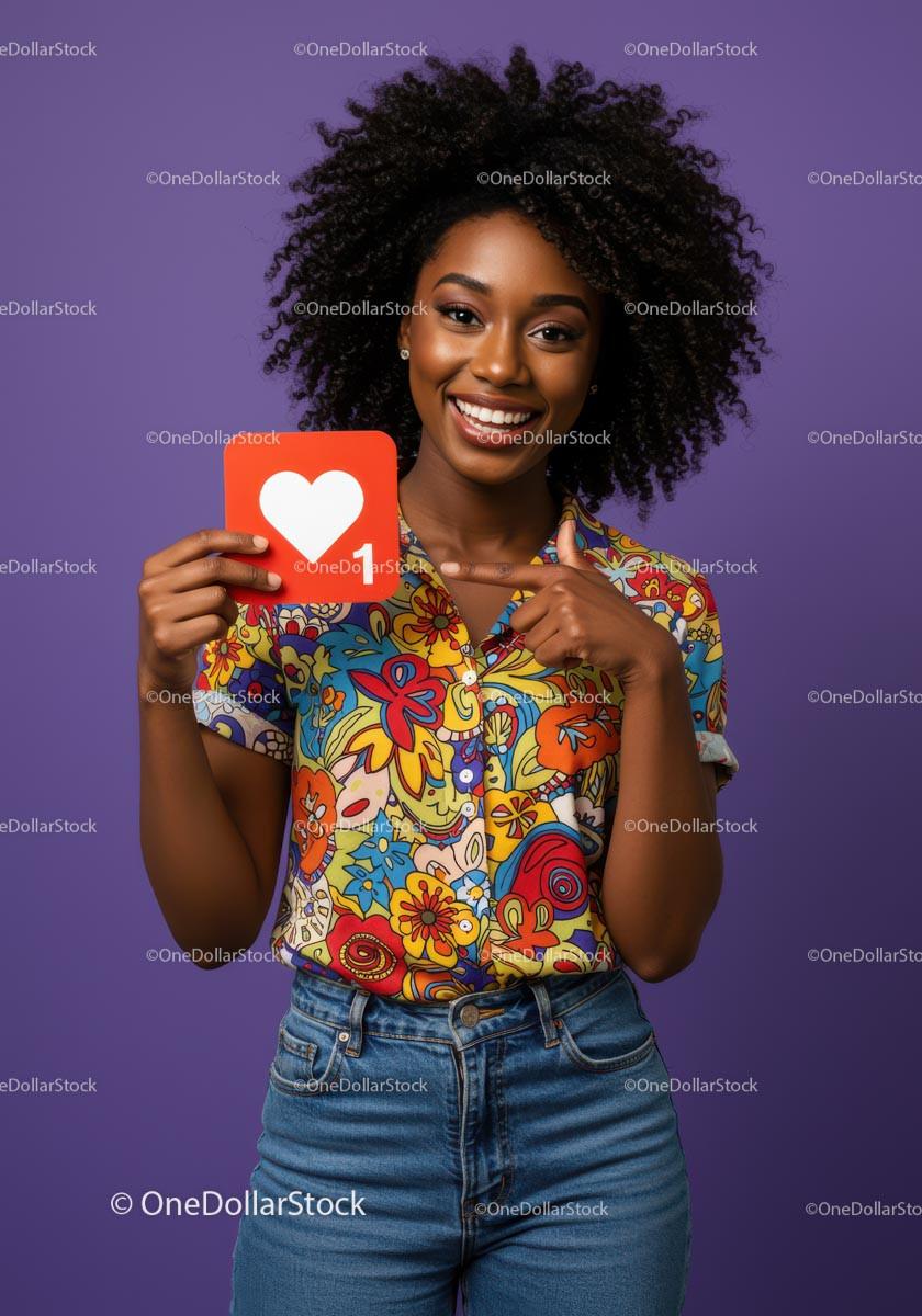 Smiling Woman Holding Heart Sign with Colorful Shirt Against Purple Background Stock Photo Bundle preview 55