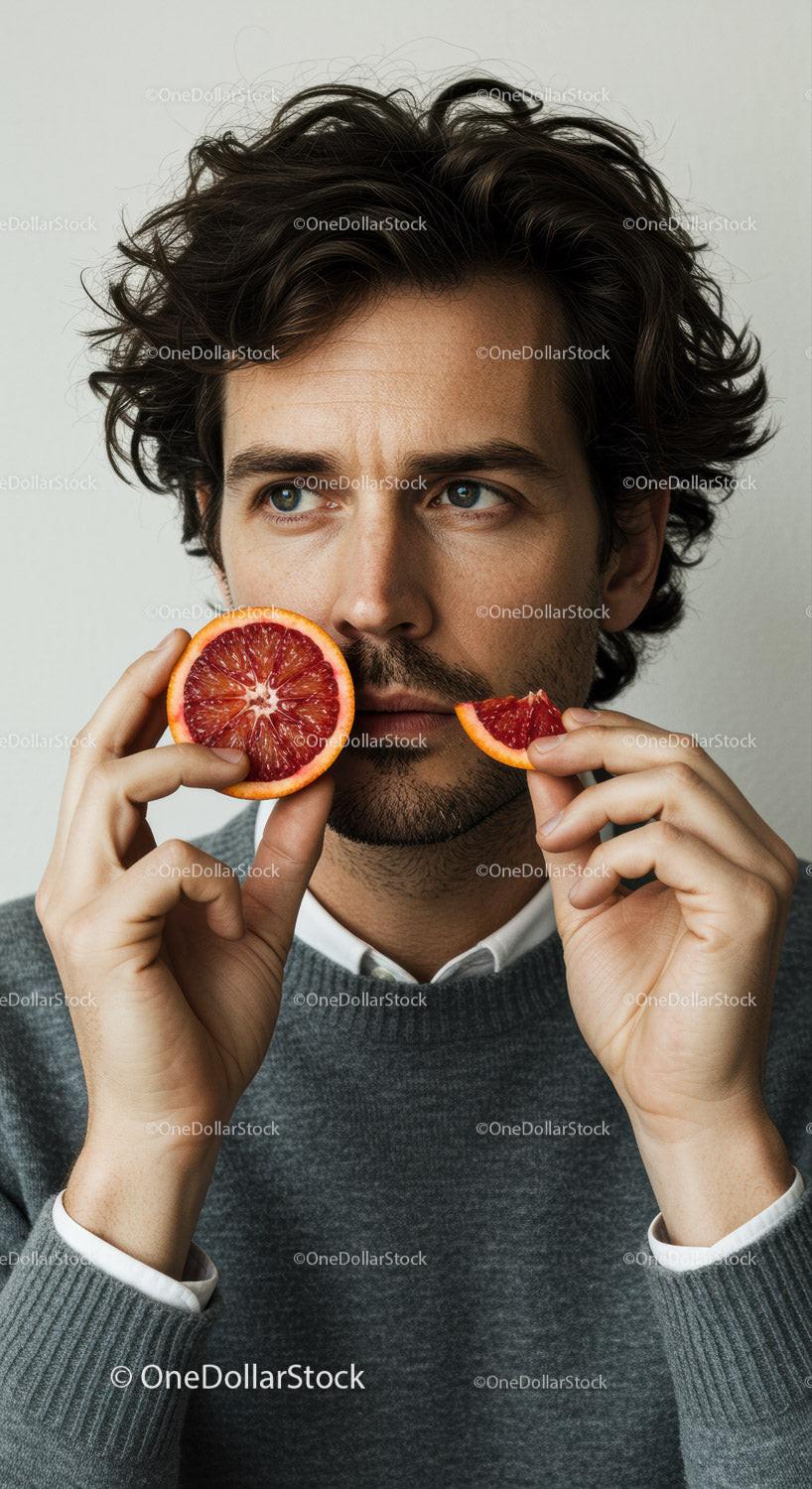Portrait of a Young Man with Curly Hair Holding a Blood Orange Slice