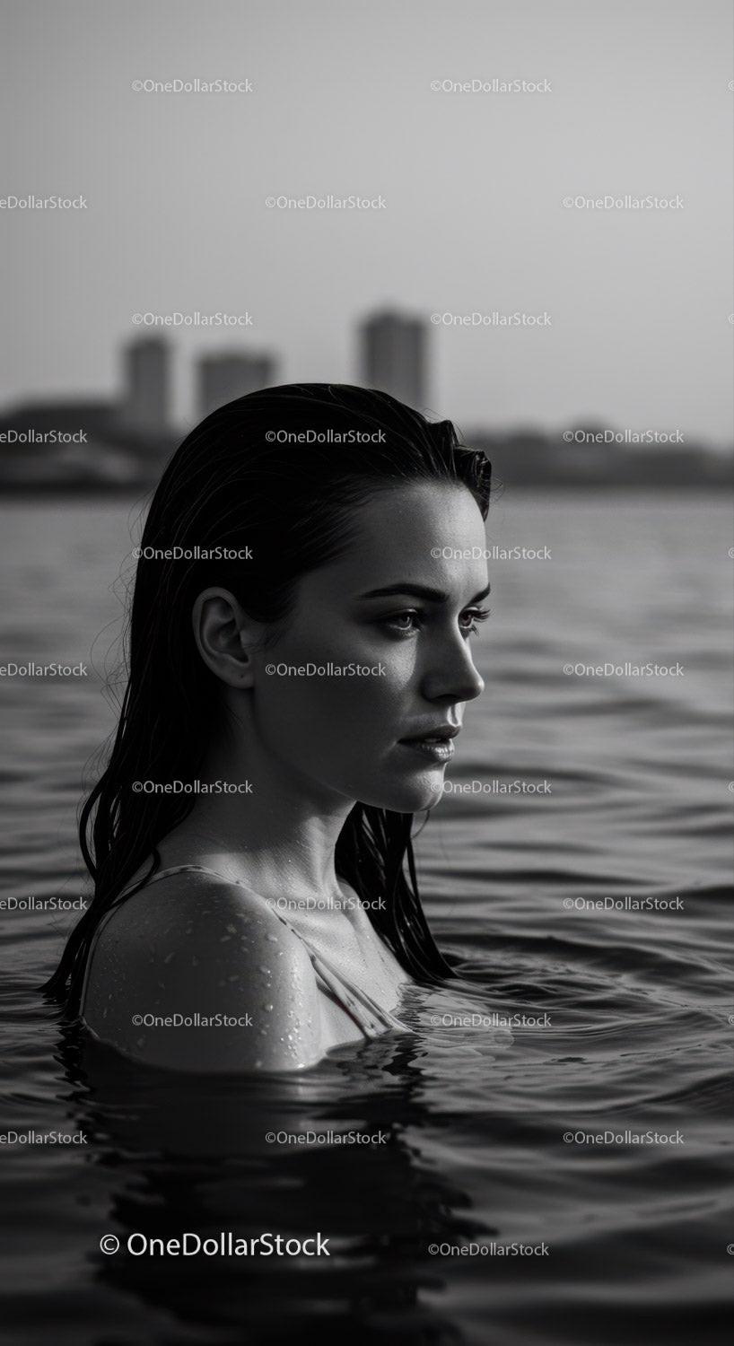 Serene Woman in Water with City Skyline in Black and White