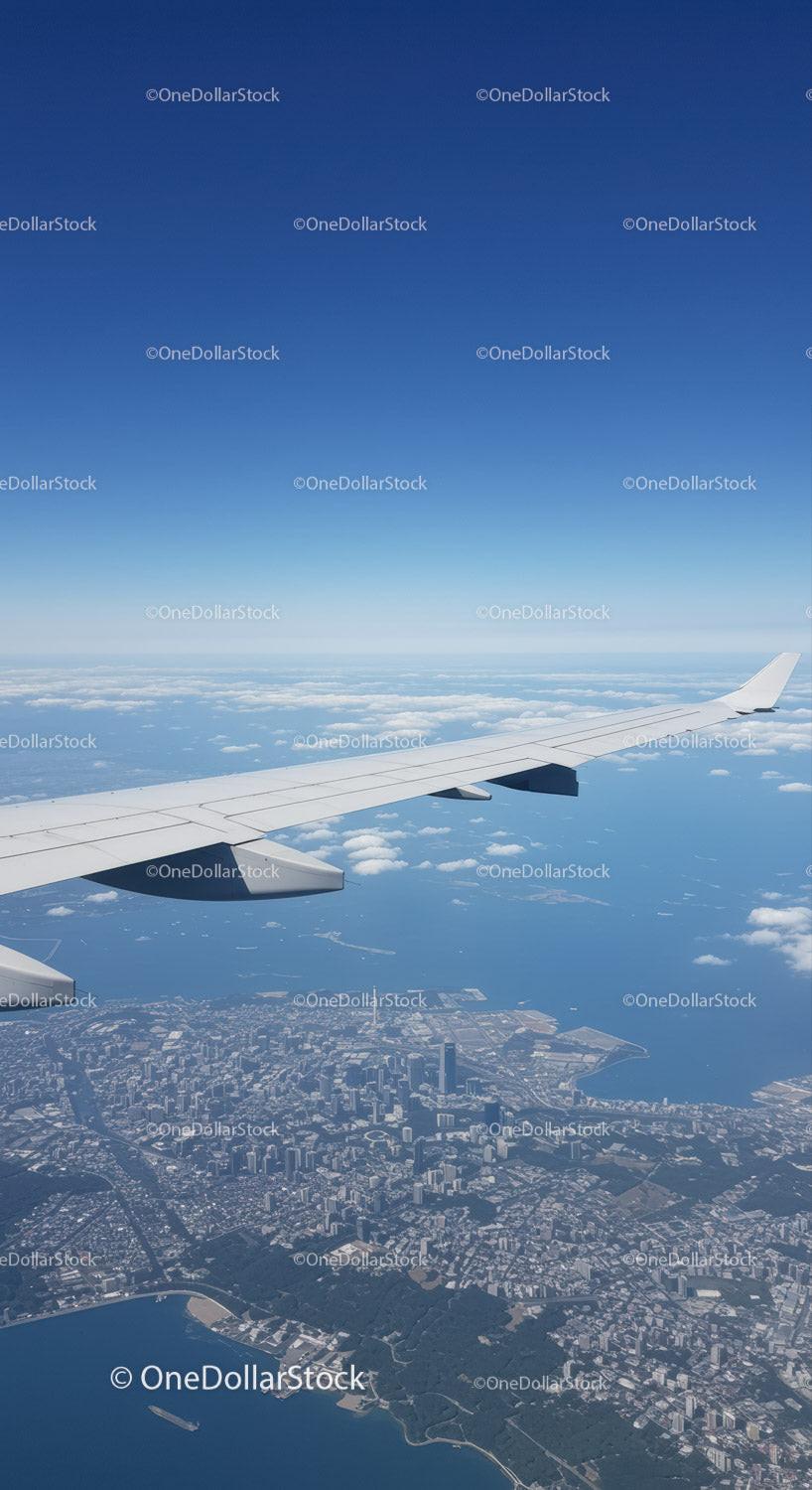 Aerial View of Cityscape with Airplane Wing in Clear Blue Sky