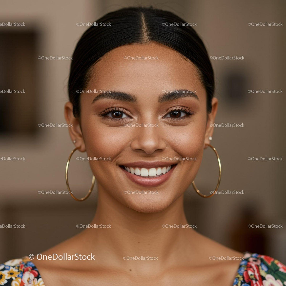 Portrait of a Smiling Young Woman with Hoop Earrings