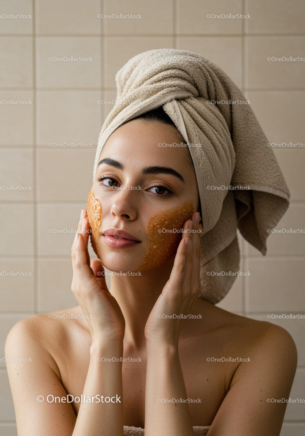 Relaxing Woman Applying Facial Mask with Towels Wrapped Hair