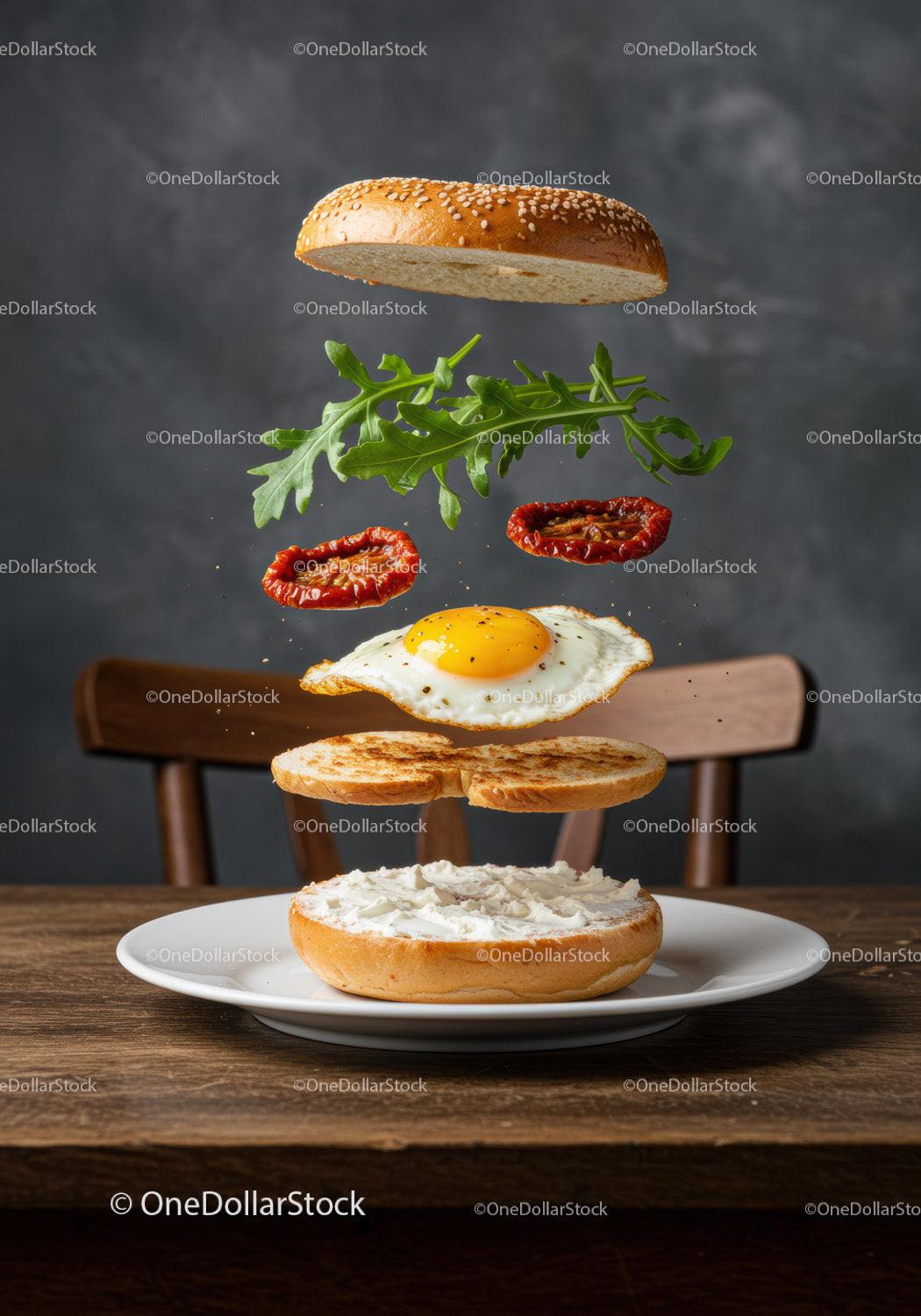 Deconstructed bagel sandwich with egg and sun dried tomatoes