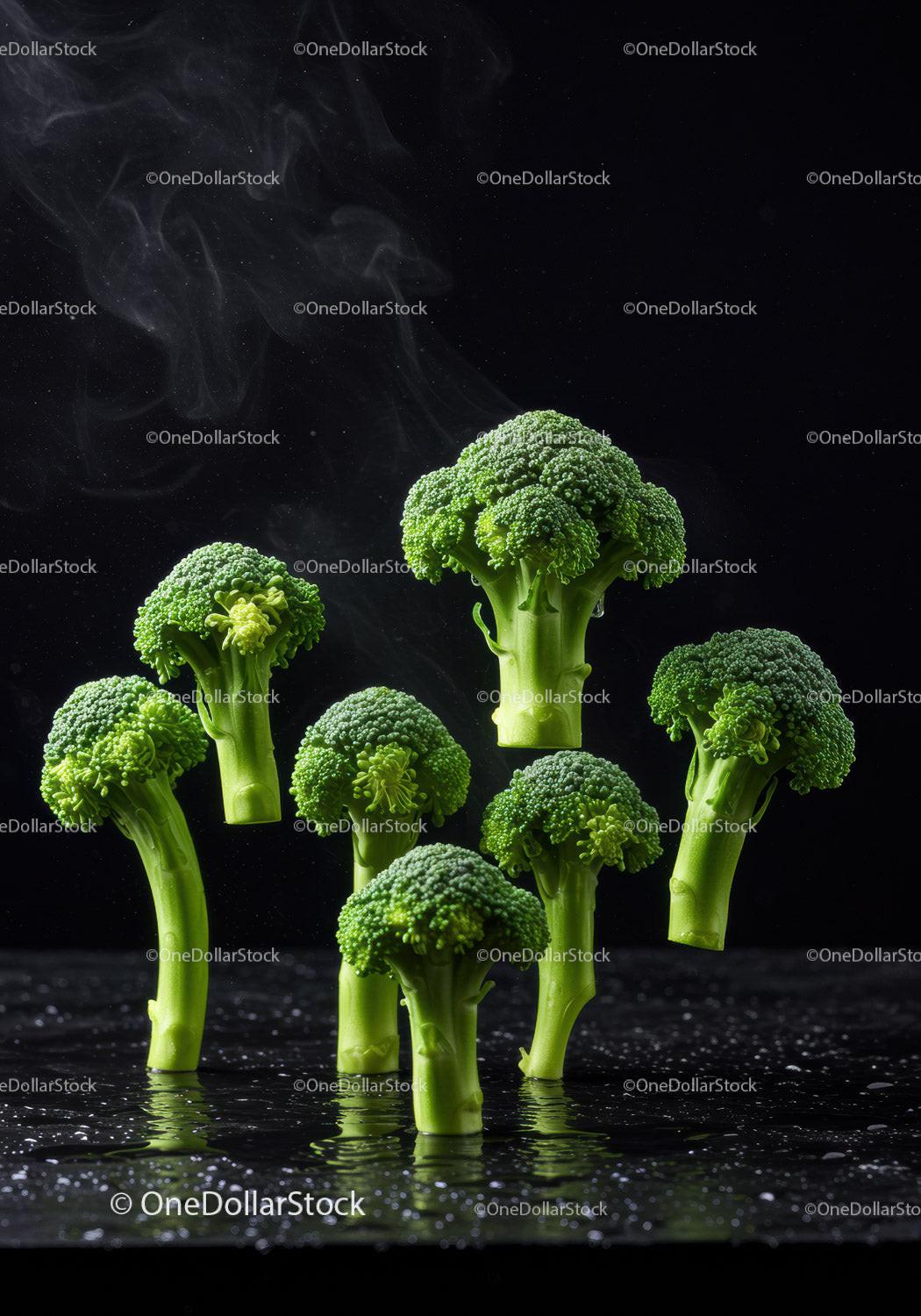 Fresh broccoli florets with steam on reflective surface
