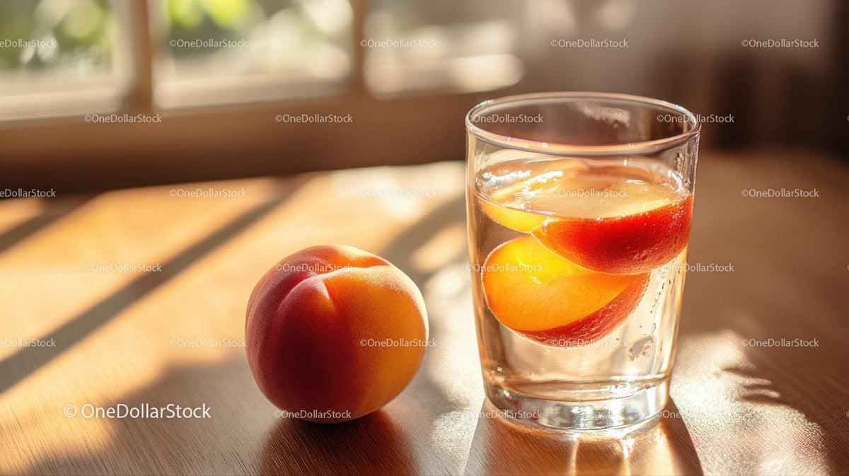 Fresh Peach Infused Water in a Clear Glass On Wooden Surface